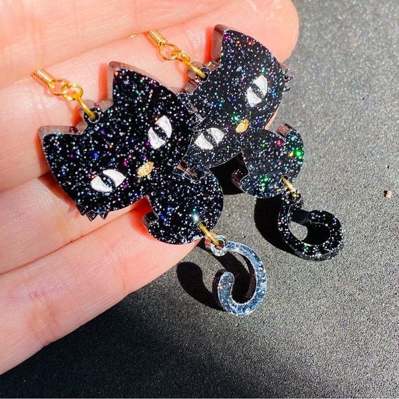 Black Cat Earrings Glitter Acrylic Earrings - Picture 8 of 9